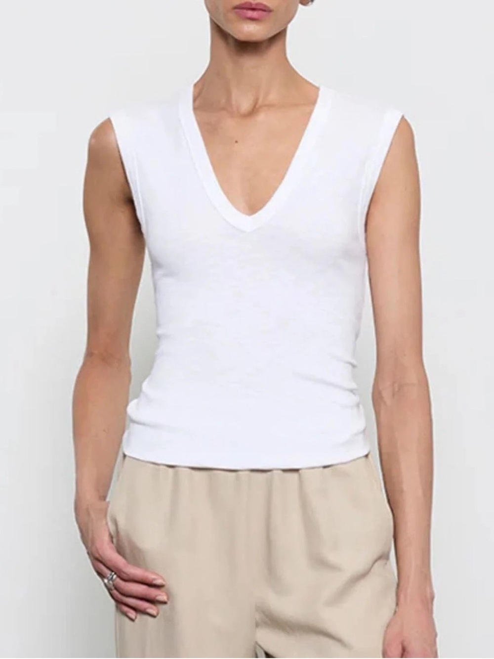 Enza Costa White V-Neck Sleeveless Rib Tank